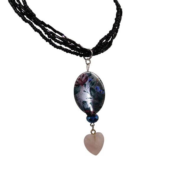 Vintage Hand Beaded Hearts and Flowers Drop Pendant on Multi Strand Black - Picture 5 of 5